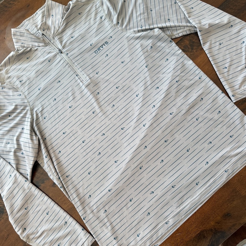 Orvis Pullover Mens Medium White Stripe Fly Print Quarter Zip Fishing Shirt